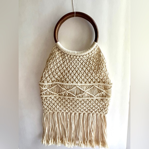 Macrame Crochet Handbag Woven Purse Wood Ring Handles Fringe Boho Bag NEW - Picture 15 of 16